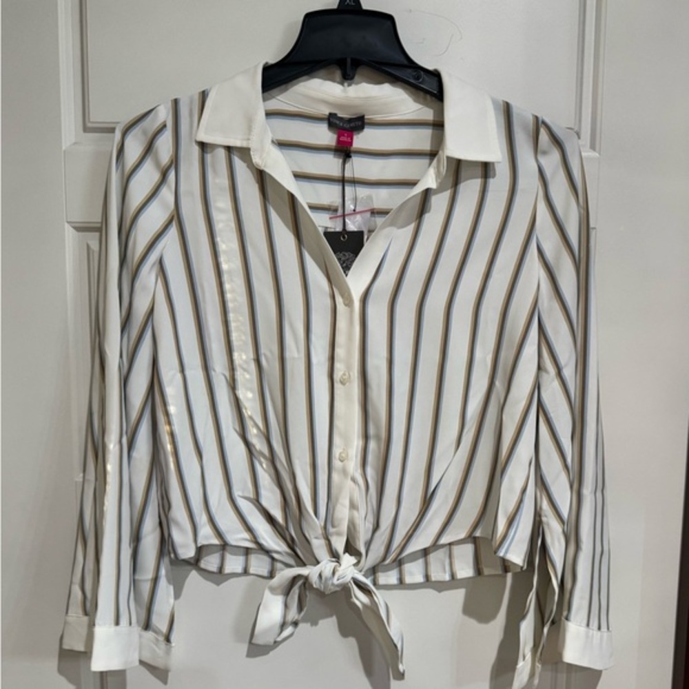 Vince Camuto White and Brown Striped Button-Down Shirt